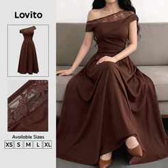 Lovito Vestido Elegante de Renda Assimétrico com Costura de Tecidos Marrom Primavera/Verão DRK9P1D919