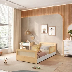 Cama Infantil Solteiro Montessoriano Lift com Rattan 2 Grades Casatema MadeiraOriginals Bege/Branco/Marrom