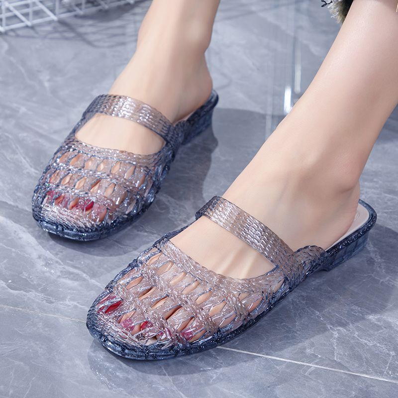 Novo estilo de cristal salto grosso oco sandálias chinelos feminino verão meia chinelos moda confortável exterior Wear B