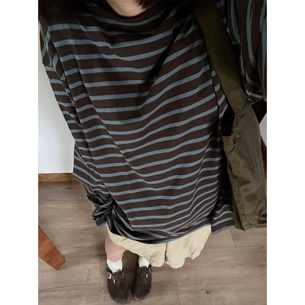 ?2026 listrado manga comprida camiseta solta estilo preguiçoso feminino americano Retro chique primavera outono camisa d