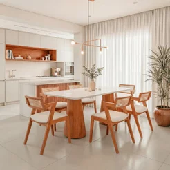 Conjunto Mesa Grécia com 6 Cadeiras Madeira Maciça, Rattan 100% Natural e Estofada Verona Off White/