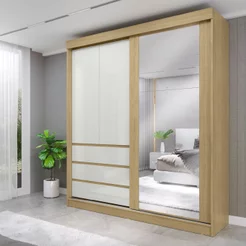 Guarda-Roupa Casal Bagda 100% MDF 3 Portas 3 Gavetas com Espelho Bege/Castanho/Off White Sim