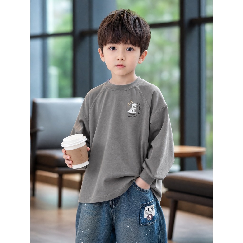 Meninos puro algodão fluorescente dinossauro impressão de manga comprida camiseta 2026 outono novo estilo crianças All-M