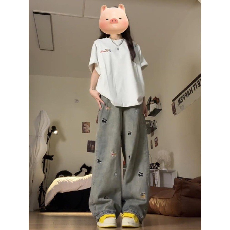 Design sentido filhote de cachorro americano bordado cintura alta perna larga Jeans feminino outono inverno novo estilo 