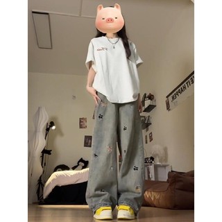 Design sentido filhote de cachorro americano bordado cintura alta perna larga Jeans feminino outono inverno novo estilo 