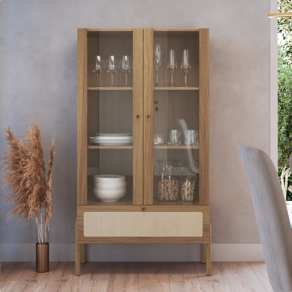 Cristaleira 2 Portas Vidro 1 Gaveta 83cm Palhinha Pé Madeira Bege/Hanover Hanover