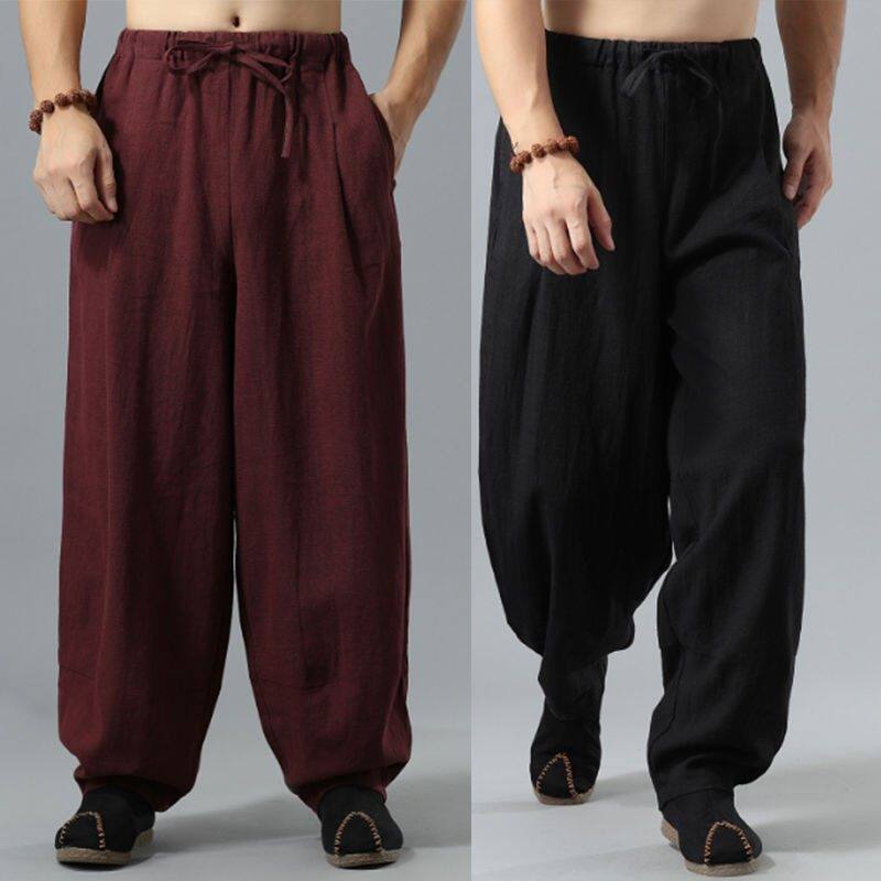 Verão Tang terno pano estilo chinês calças masculinas casuais calças de perna larga Bloomers solto algodão linho prática
