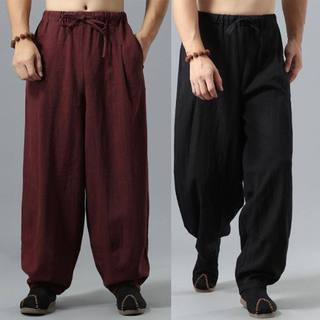 Verão Tang terno pano estilo chinês calças masculinas casuais calças de perna larga Bloomers solto algodão linho prática