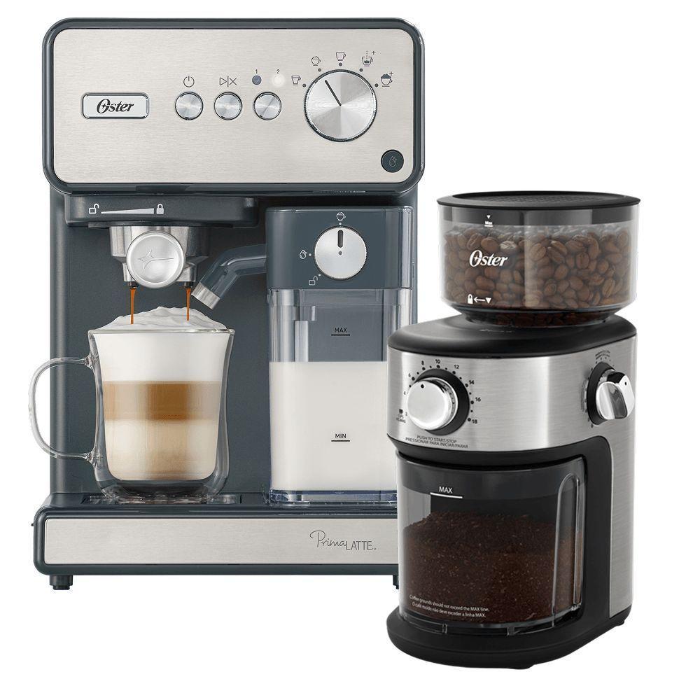 Kit Cafeteira Expresso Primalatte Inox Oster 18 Xícaras Cinza 110V