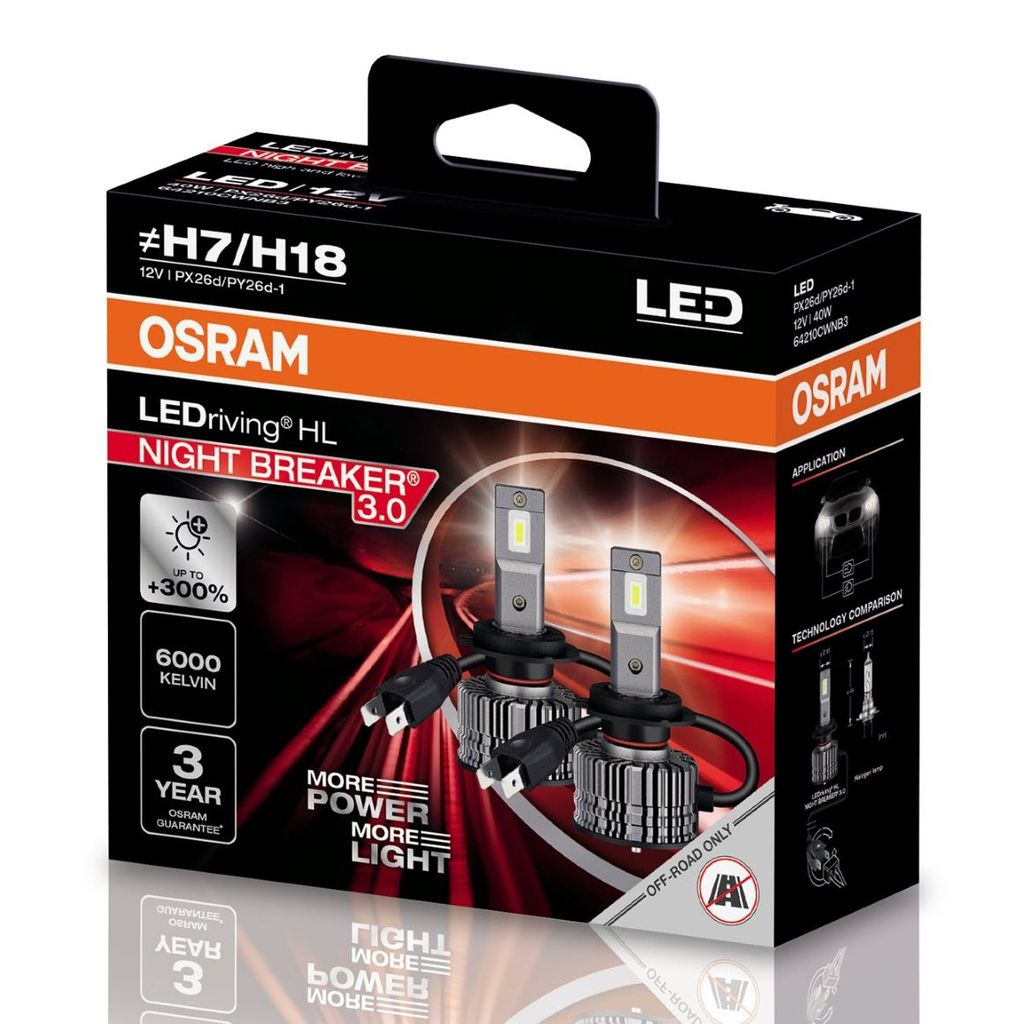 Par Lâmpada Osram LEDriving® HL Night Breaker 3.0 H7 / H18 6000K 40W Super Branca 3 Anos de Garantia