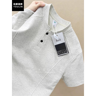 Branco cinza americano Henry colarinho camisa polo de manga curta masculina verão costura pesada frente ombro camiseta c