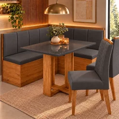 Conjunto Canto Baú com Mesa de Jantar Retangular 120x80cm de Vidro e 2 Cadeiras Yescasa Cinza/Mel/Br Mel/Cinza