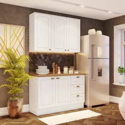 Cozinha Compacta Modulada 2 Peças 100% MDF com Armário Aéreo e Balcão com Tampo Branca/Nature Emily Branco