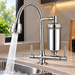 Torneira com Filtro de Bancada Cozinha Gourmet Cano Metal Flexível Dois Jatos e Base em ABS Cromado