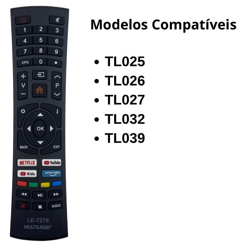 controle remoto para tv multilaser smart com netflix / youtube kids / primevideo - modelo 7278 - Substituto Compatível