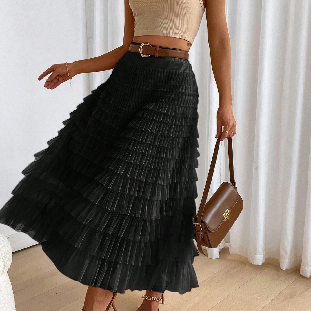 SV Saia Midi de Tule em Formato de Bolo, Saia de Cintura Elástica de Renda e Tule Esvoaçante – FESTIVAL, CARNAVAL