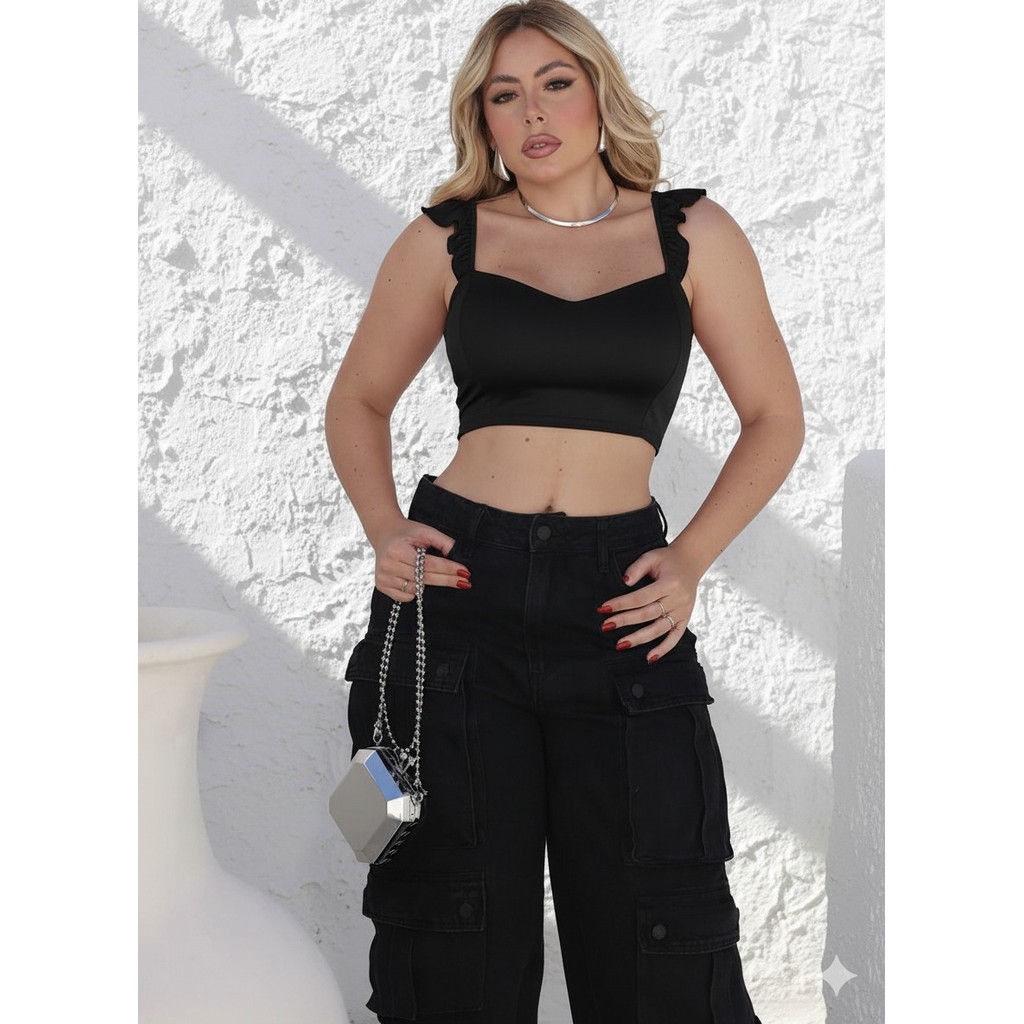 Blusa blusinha moda cropped feminino canelado estica alça regata babado blog elegante