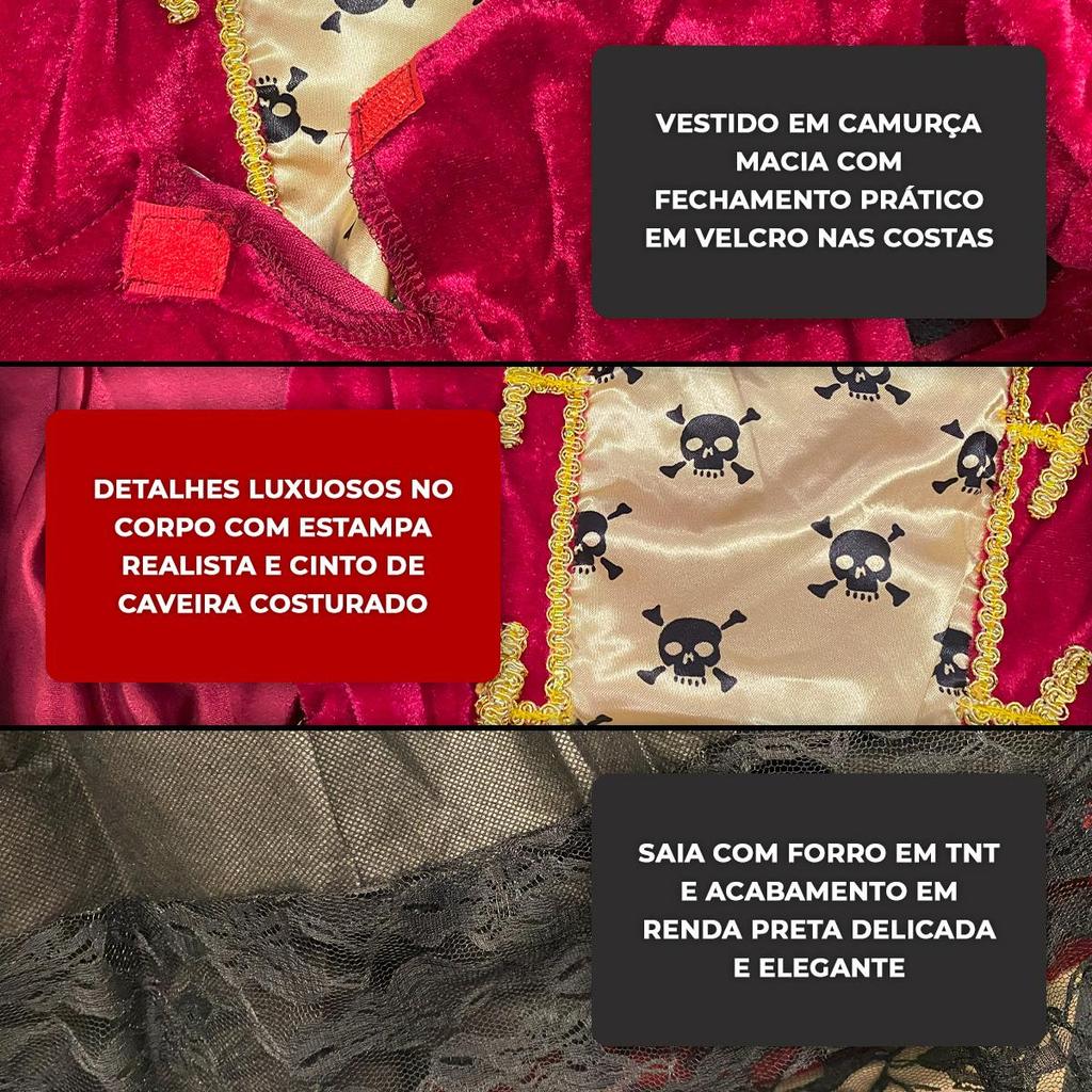 Fantasia Infantil Menina pra Festa Carnaval e Halloween Vestido Piratinha de Luxo com Chapeu de PIrata — imagem 2 de 2