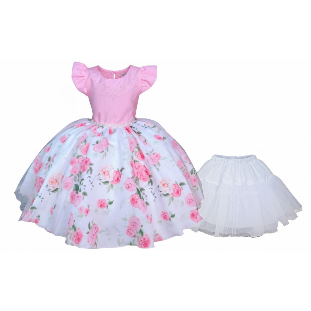 VESTIDO INFANTIL  SAIOTE BUSTO ROSA  SAIA FLORAL LUXO  D4122