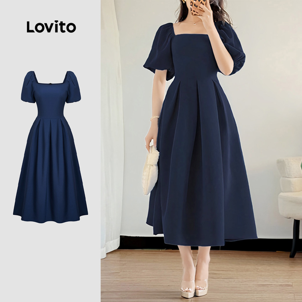 (NEW) Lovito Vestido Casual em Chiffon com Pregas para Primavera/verão Azul-marinho para mulheres L154ED592