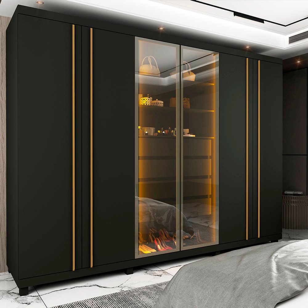 Guarda Roupas Casal 6 Portas com Pés e LED Absolut New Reflecta 100% MDF Grafite