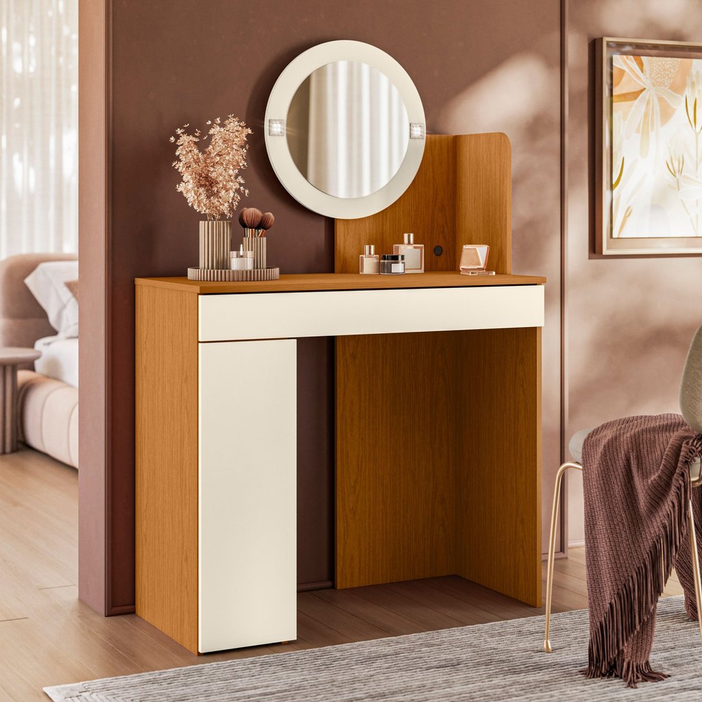 Penteadeira Camarim com Espelho 1 Gaveta Sky Cinamomo/Off White em Oferta na Shopee