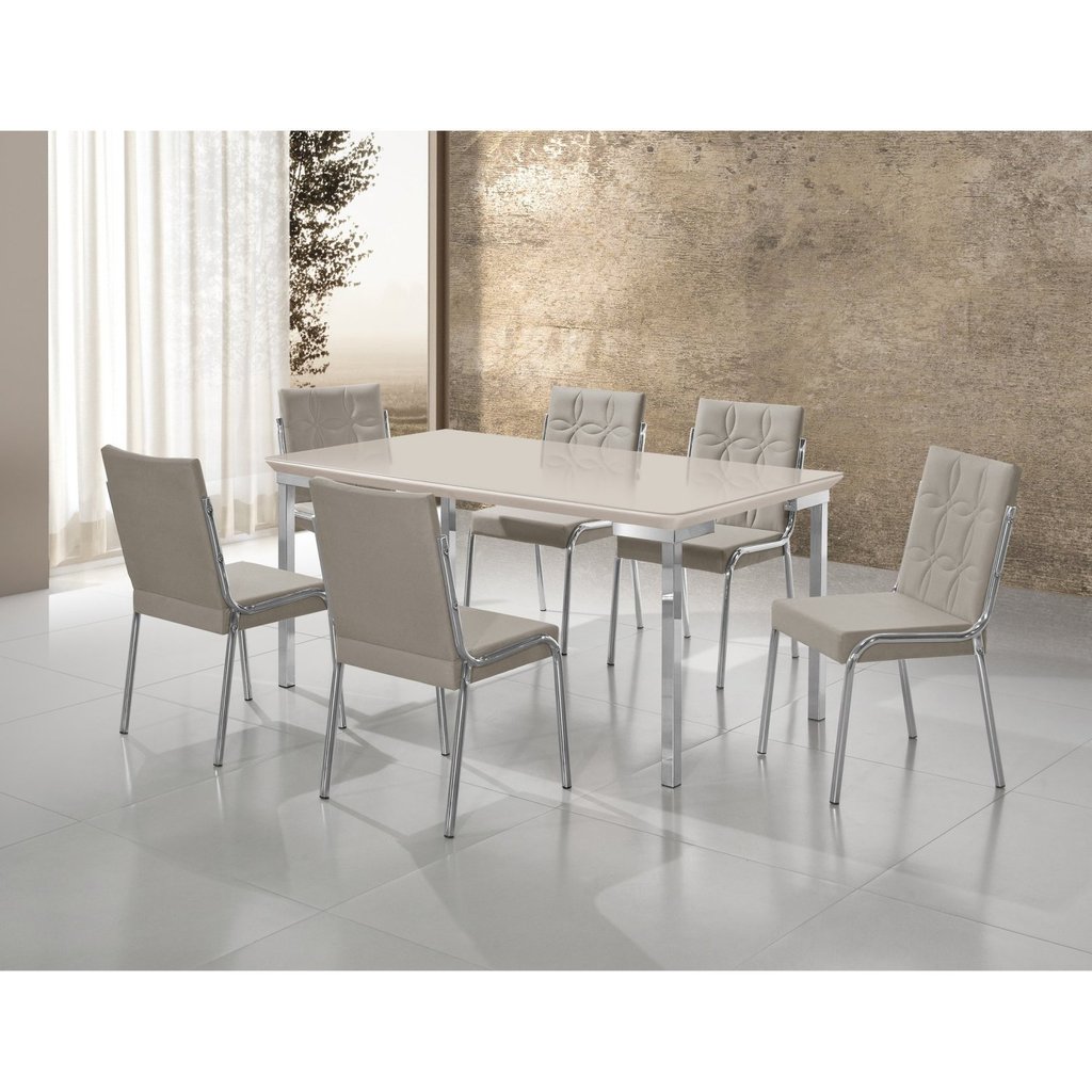Conjunto Sala de Jantar Mesa Iza New Tampo MDF/Vidro 6 Cadeiras Natani New Cromado/Bege/Off White em Oferta na Shopee