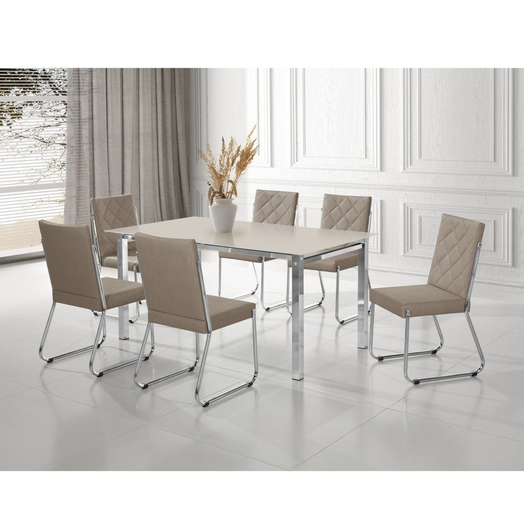 Conjunto Sala de Jantar Mesa Ortenia Tampo Vidro com 6 Cadeiras Dinah New Cromado/Bege em Oferta na Shopee