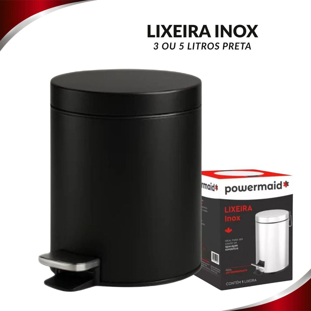 Lixeira Aço Inox 3 ou 5 Litros Preta Com Tampa e Pedal Balde Removivel