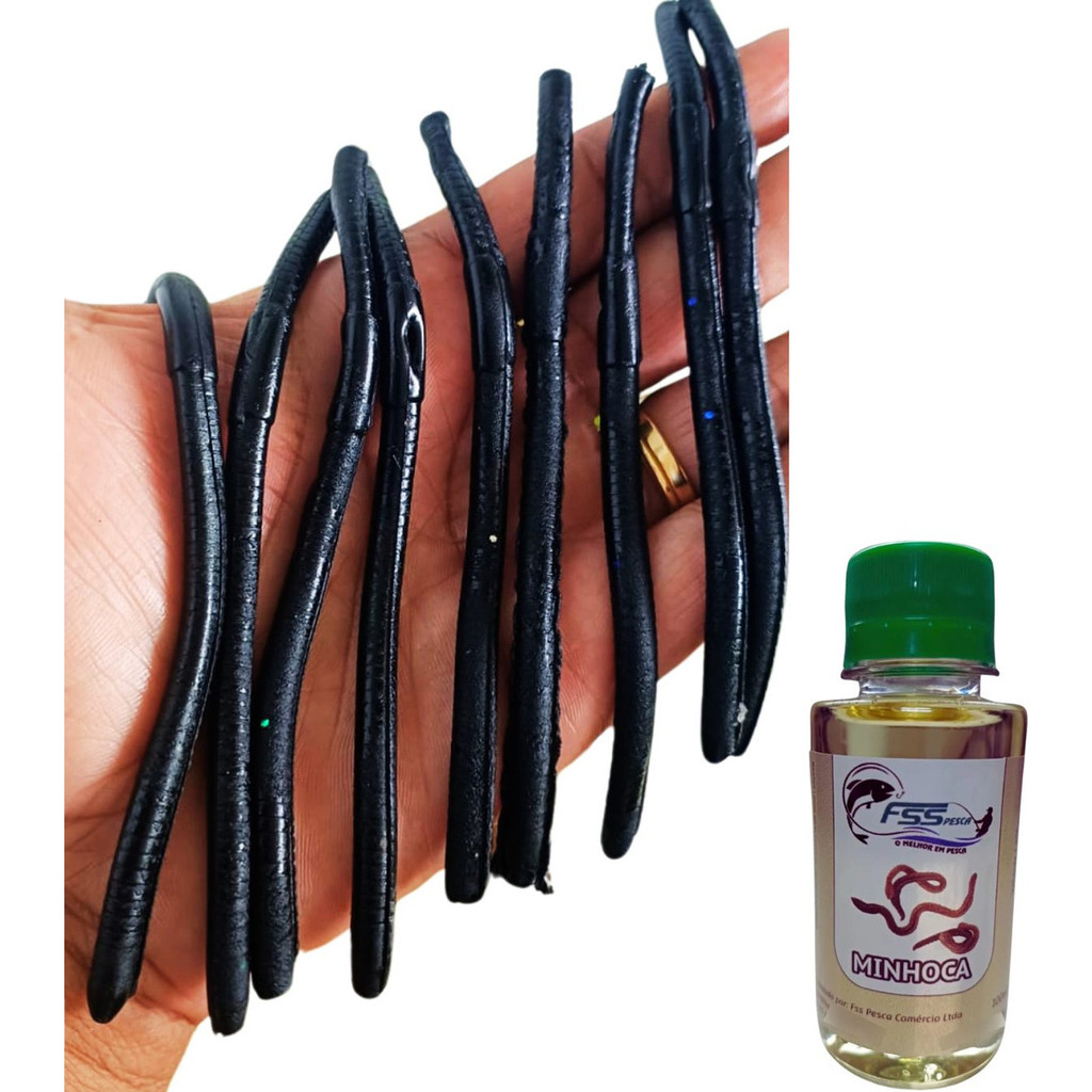 10 Isca Artificial Minhoca Minhocuçu Preta 13cm + Essência
