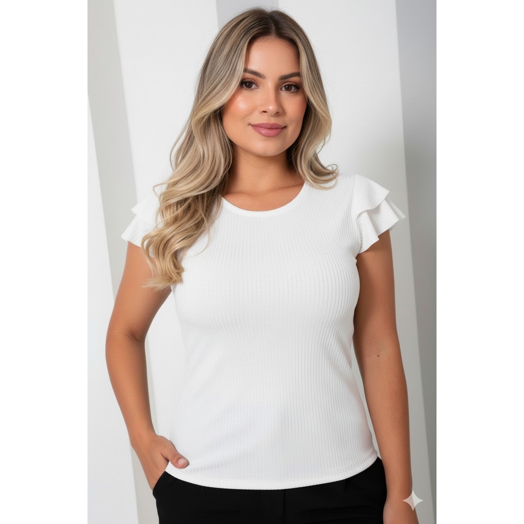 blusa feminina canelada manga curta duas marias babado tendência