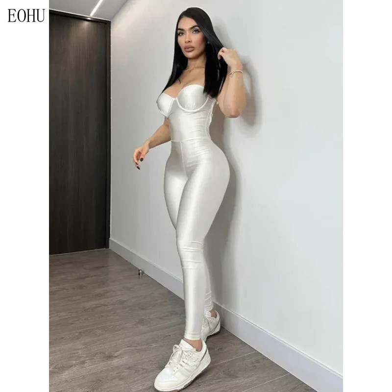 Macacão Sexy Sem Alças para Mulheres, Sem Mangas, Cintura Alta, Branco, Costas Nuas, Macacão de Uma Peça para Noite em C