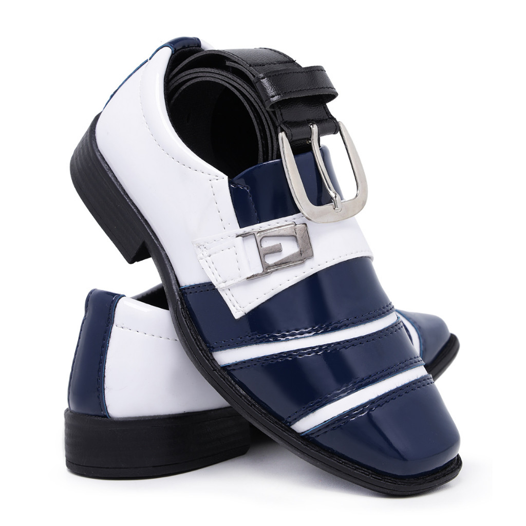 Kit Sapato Social Infantil Masculino 443 Com Cinto Azul Marinho Branco Pajem Bico Quadrado Casamento