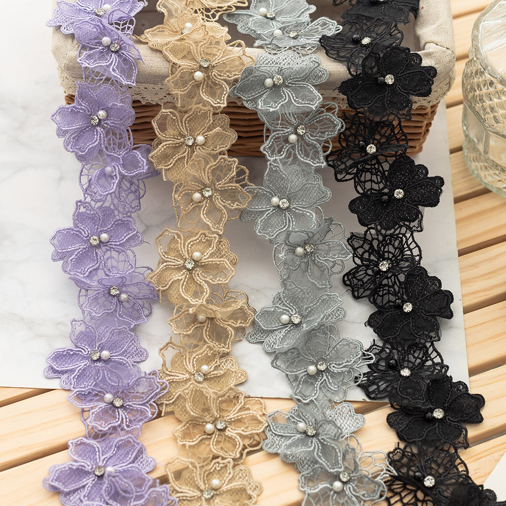 1 Jarda Contas De Pérola Flor Bordada Renda Guarnição Tule Tecido Fita Vestido De Casamento Apliques DIY Costura Remendo
