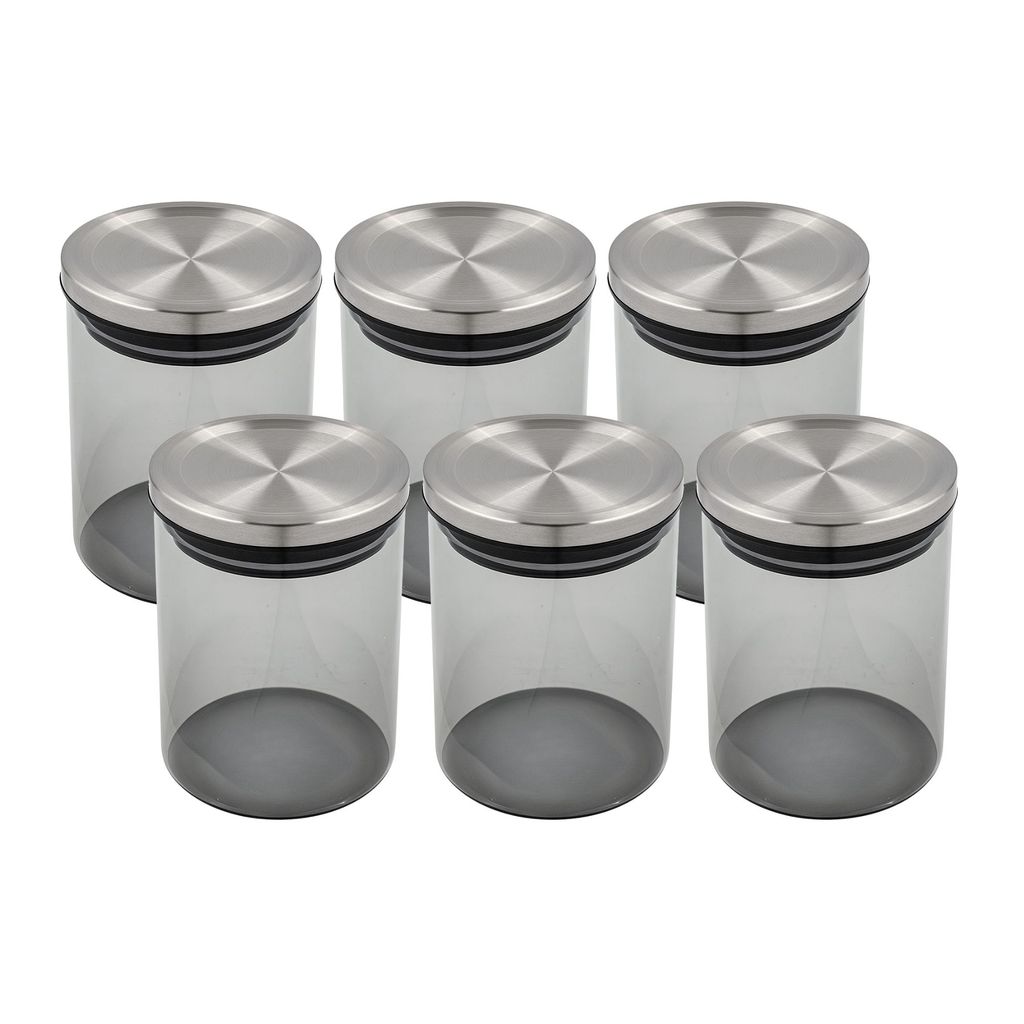 Kit 6 Pote de Vidro 10x13,3CM 750ML Fumê Tampa Metálica Hermética Porta Mantimentos E Temperos