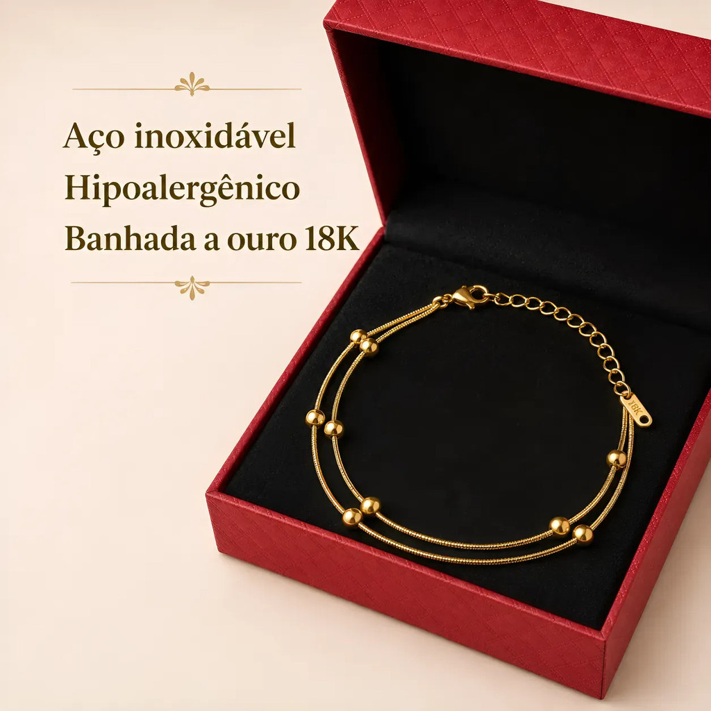 Pulseira Feminina Dupla 2 Fios Aço Inox 316l Dourada