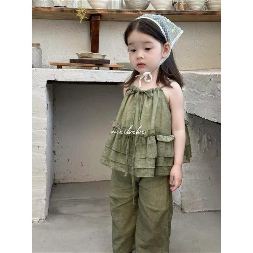 Meninas terno de verão 2026 novo estilo moda crianças bebê verão camisa do bebê estilingue calças de perna larga terno d