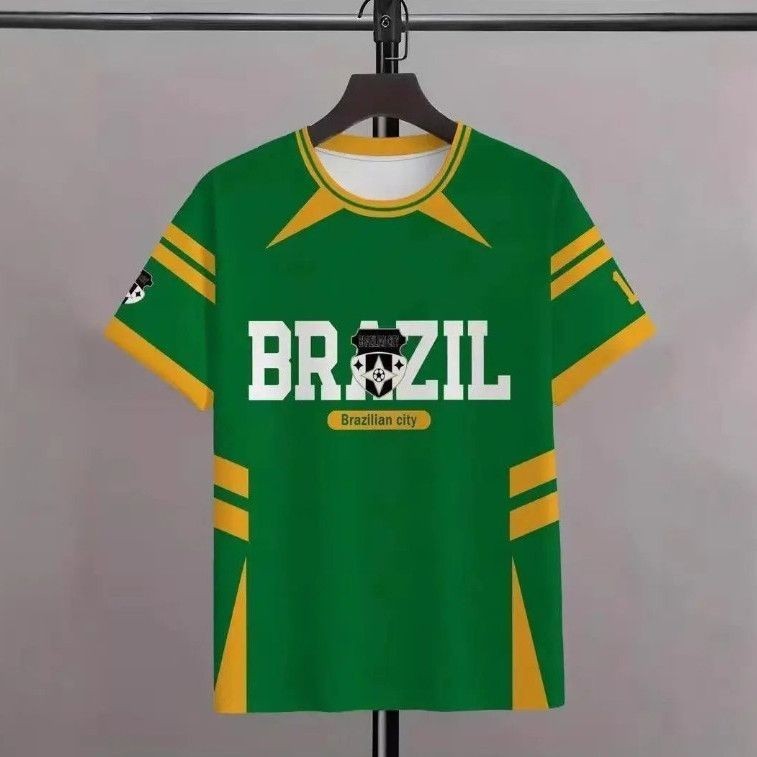 Copa do Mundo Brasil Futebol Em Torno Do Pescoço Camiseta Digital 3D Impresso Camisa Esportiva Masculina de Manga Curta 