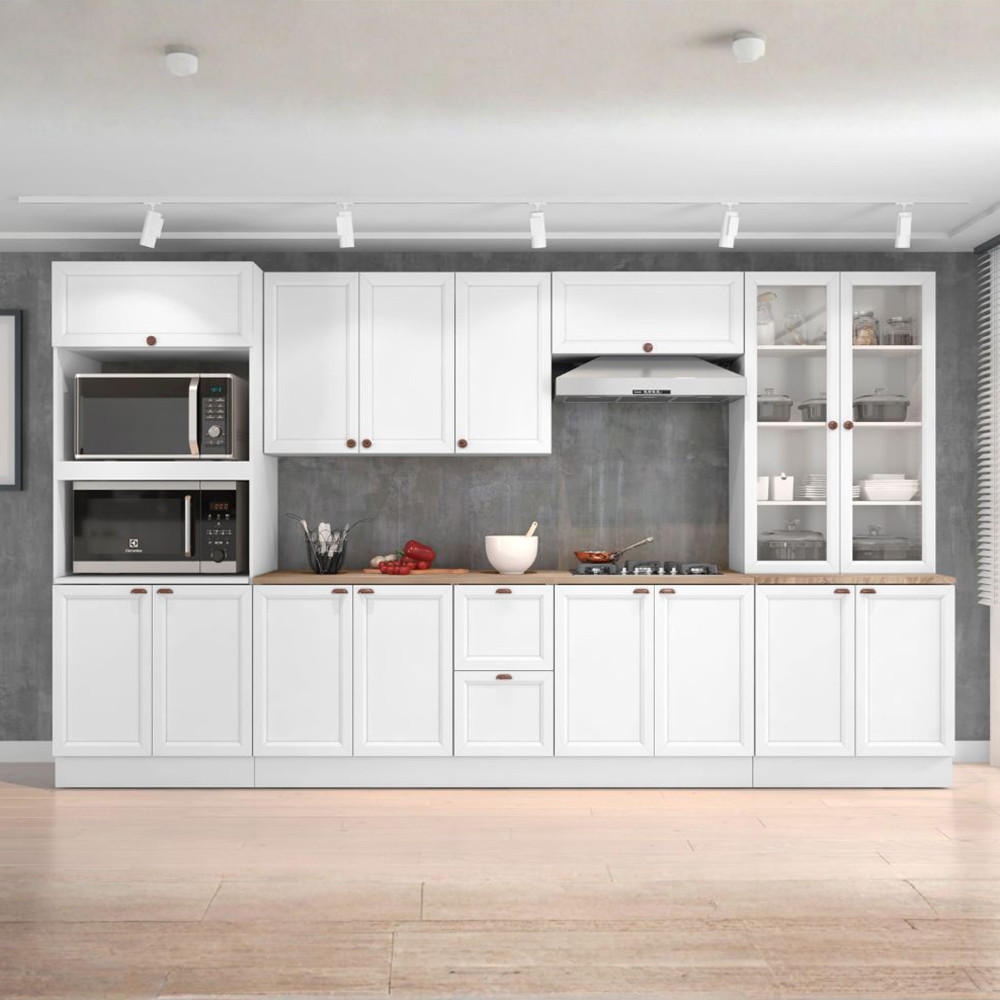 Cozinha Olivia 6 Peças Balcão 120cm com Tampo Balcão 80cm para Cooktop e Paneleiro Cristaleira Poliman Móveis