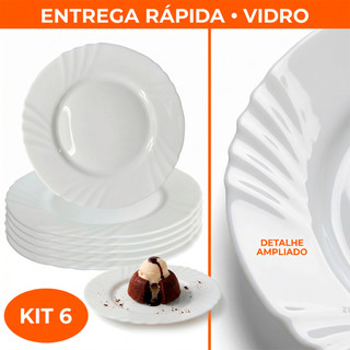 Jogo kit 06 Pratos sobremesa vidro trabalhado opaline branco white 19cm importado almoço jantar