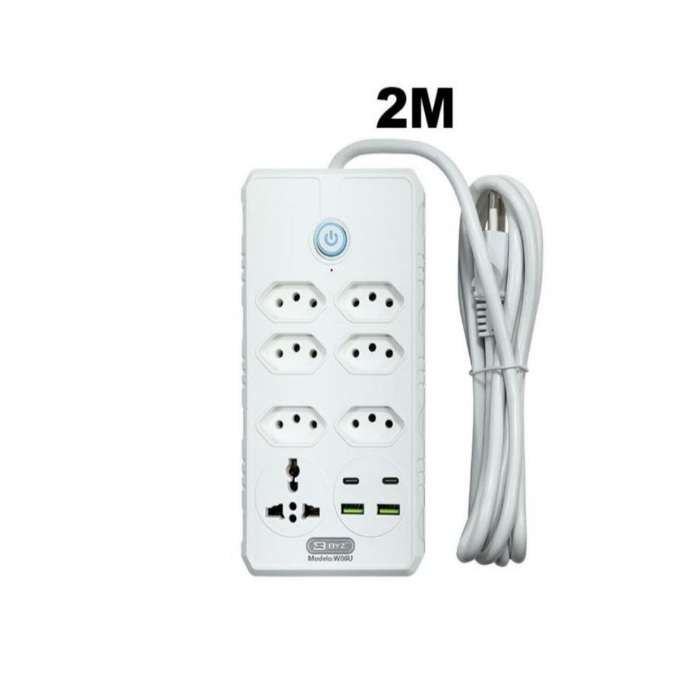 Extensão Elétrica 2m Com 7 Tomadas e 2 Entradas USB 2 Entradas USB Tipo C Botão Liga e Desliga
