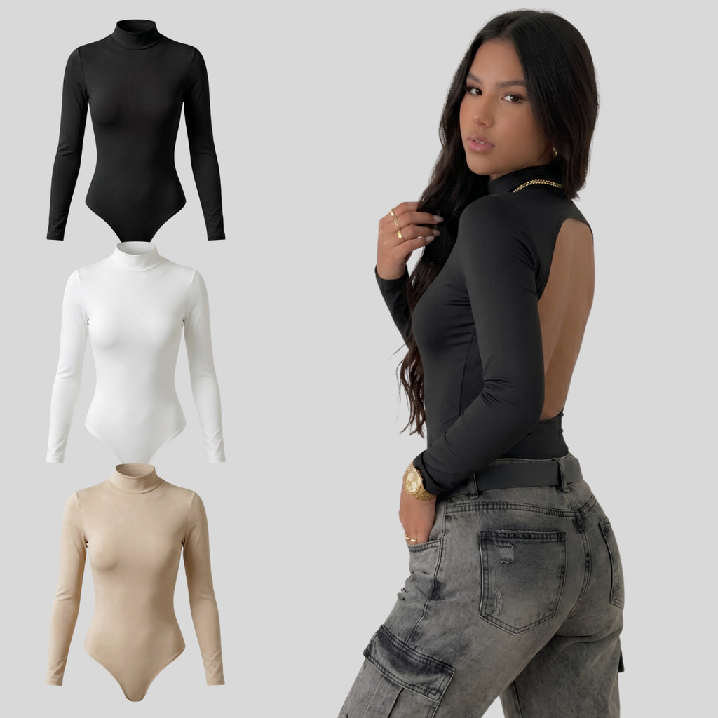 Kit 3 Body Feminino Manga Longa Decotado Costas Nua Suplex Premium Gola Alta Modelador Elegante