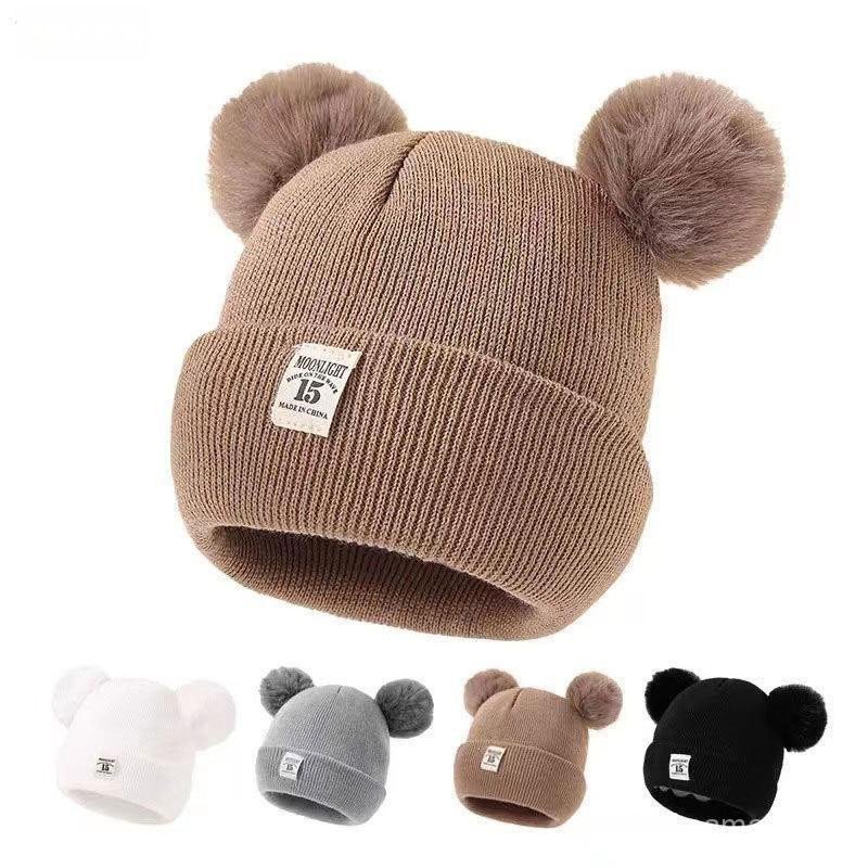 Gorro de malha quente para bebês com pompom para o outono e inverno, gorro infantil, gorro de cor sólida, gorro para men