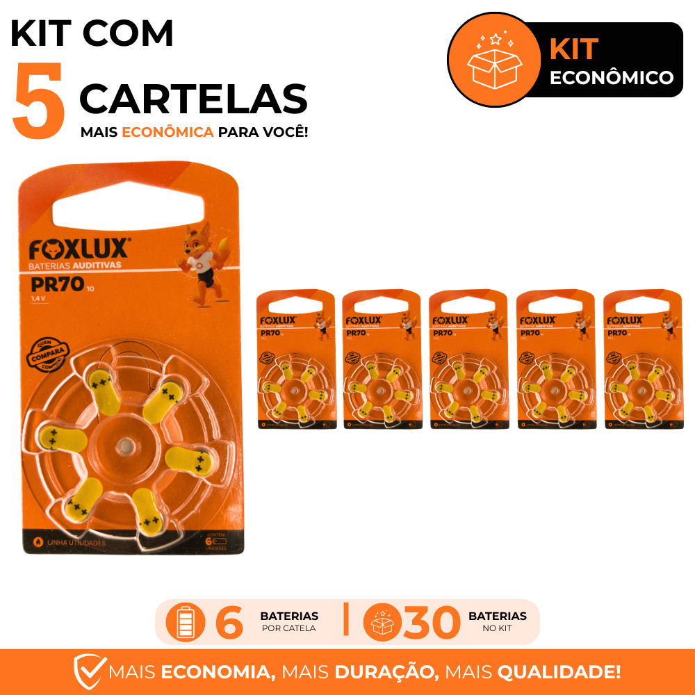 Pilhas Baterias Auditivas Foxlux 10 PR70 Kit com 30