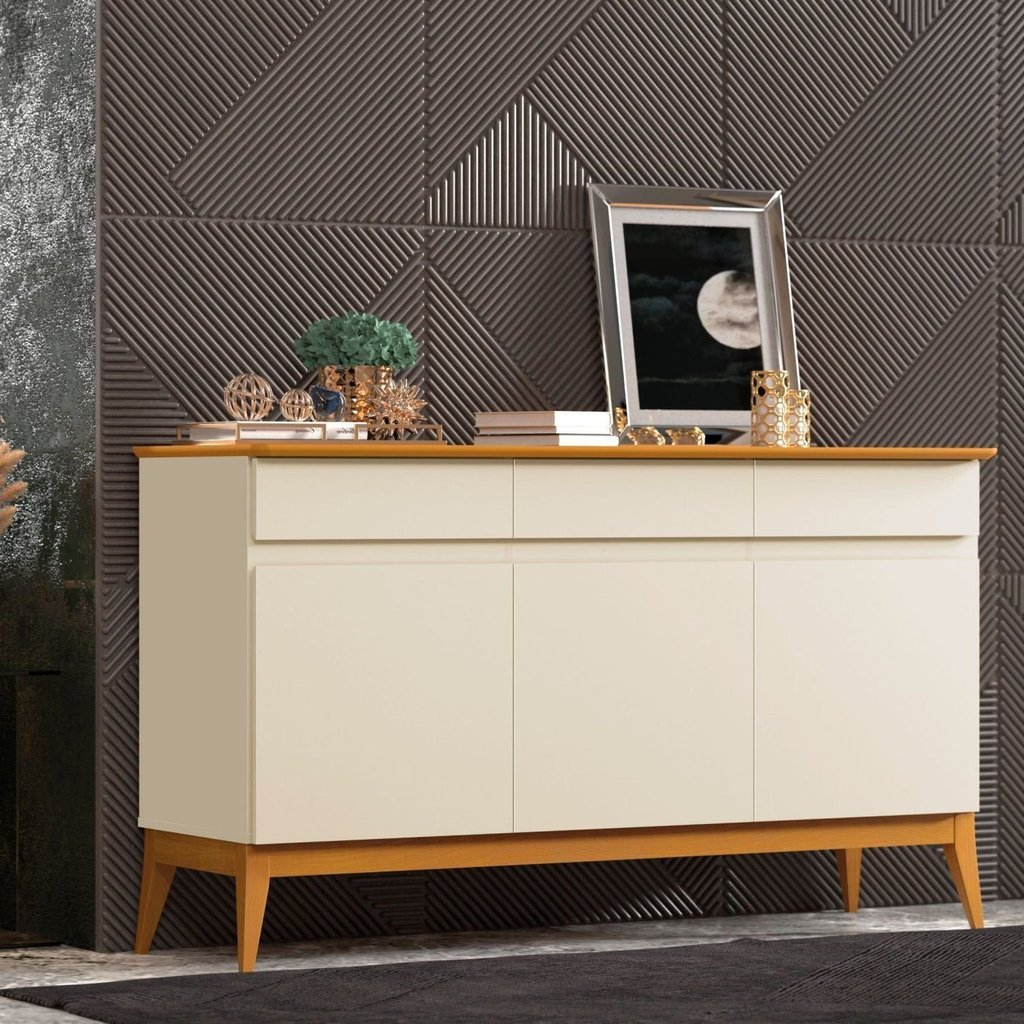 Buffet Aparador 3 Portas 3 Gavetas com Pés em Madeira Maciça Magnum Bege/Off White/Cedro Off White/Cedro
