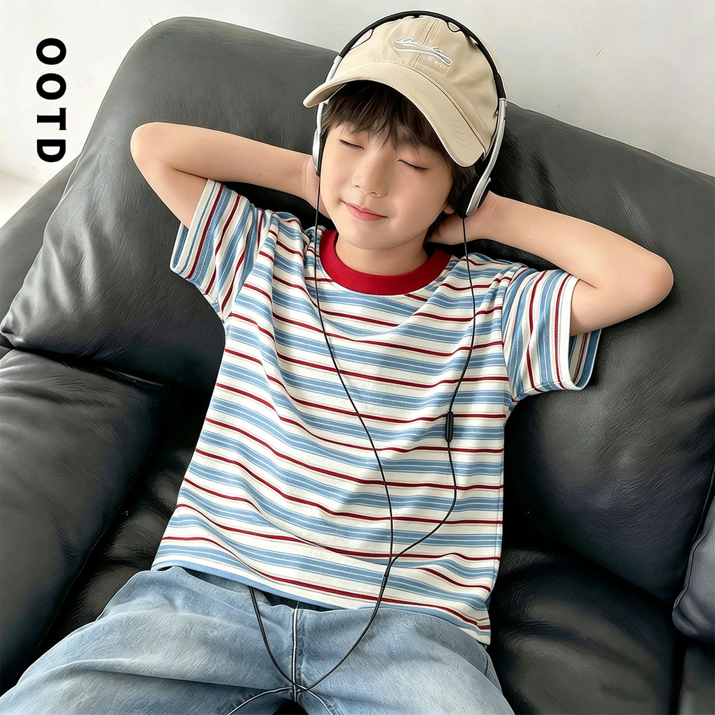 Novo estilo crianças verão versão coreana bonito de manga curta listrado estilo ocidental All-Match camiseta meninos ver