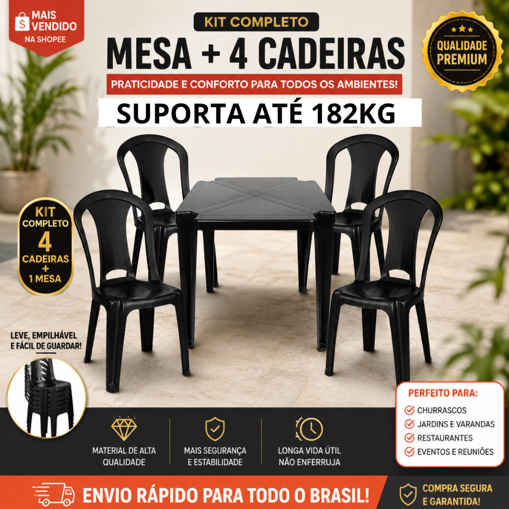 Jogo De Mesa Monobloco Com 4 Cadeiras Reforçada 182kg Copa do Mundo