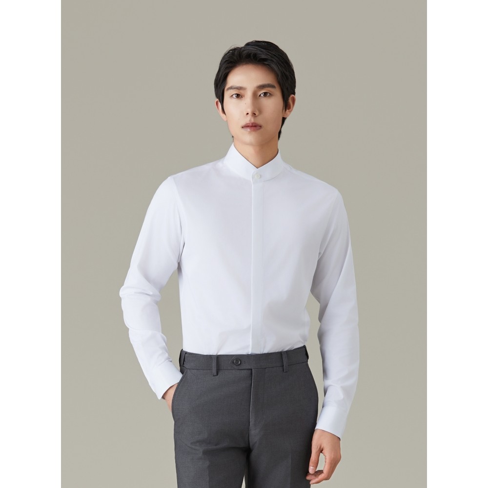 [Três prevenção sem engomar] Giyomon Camisa masculina de manga comprida branca chinesa noivo casamento quatro estações c