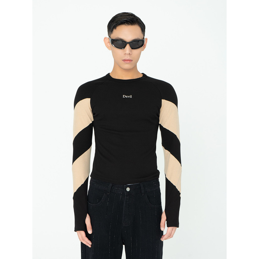 CLP Original Diabo Preto Nu Espiral Contraste Cor Manga Raglan Camiseta de Manga Comprida Calças Justas Homens Mulheres 