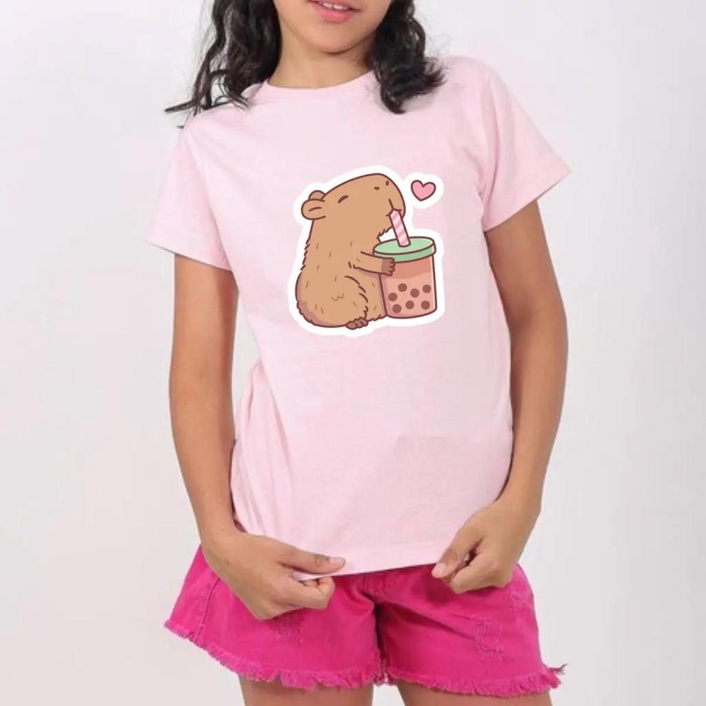 Camiseta Infantil Feminina Capivara Fofa 100% Algodão Estampada Confortável para Menina